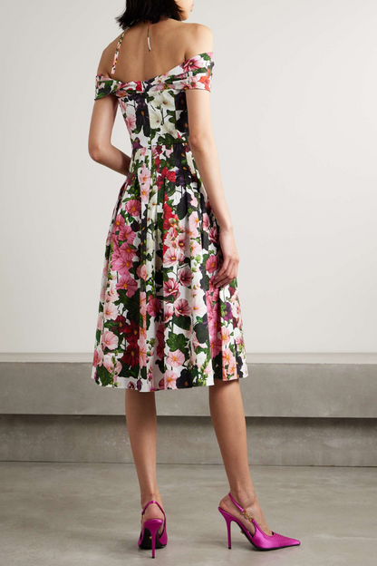 Off-Shoulder Halter Tie Floral Print Box-Pleat Fit-and-Flare Midi Dress