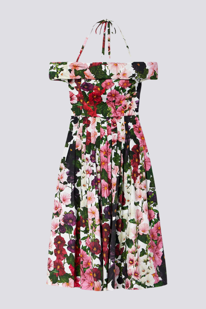 Off-the-Shoulder Halter Floral Print Pleated Midi Dress