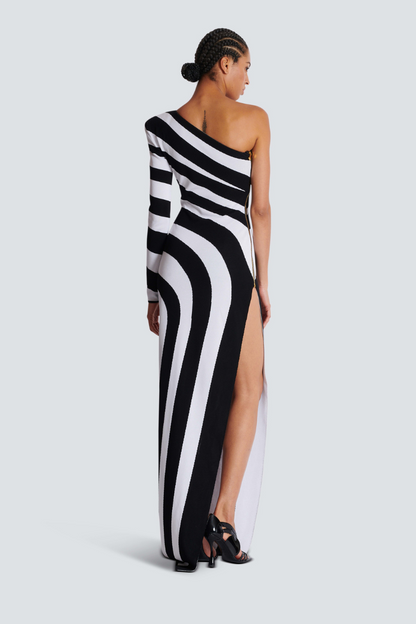 One-Shoulder Exposed Zip Radiating Stripe High Slit Maxi Dress