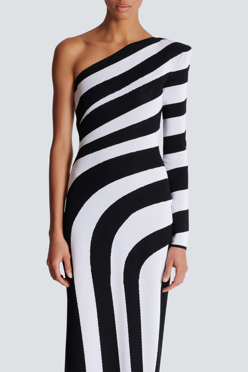 Stripe Print One Shoulder Long Sleeve High Split Bodycon Maxi Dress