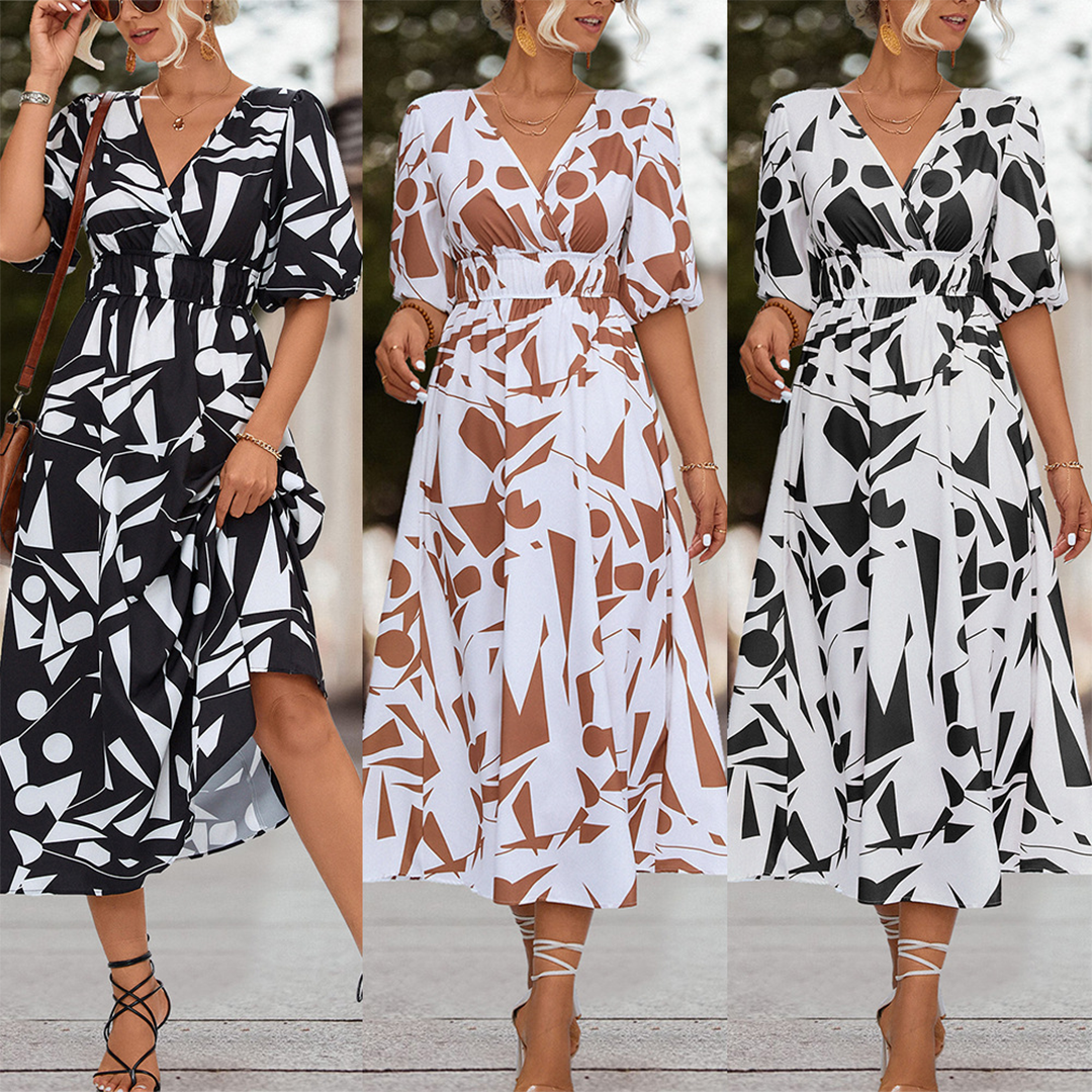 Deep V-Neck Puff Sleeve Smocked Waist Abstract Geometric Print Midi Dress