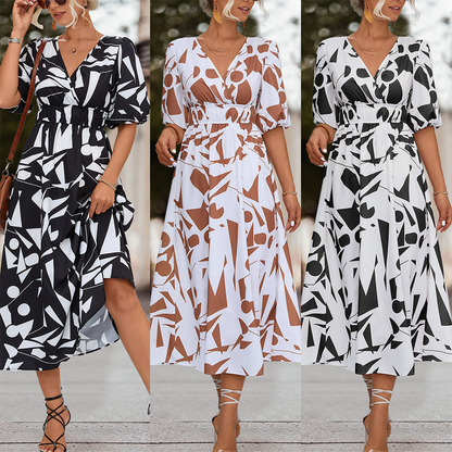 Deep V-Neck Puff Sleeve Smocked Waist Abstract Geometric Print Midi Dress