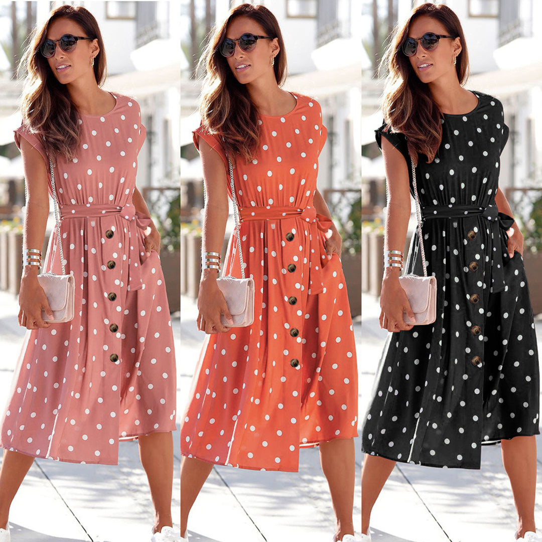 Polka Dot Tie-Waist Button Front Pocket Midi Dress