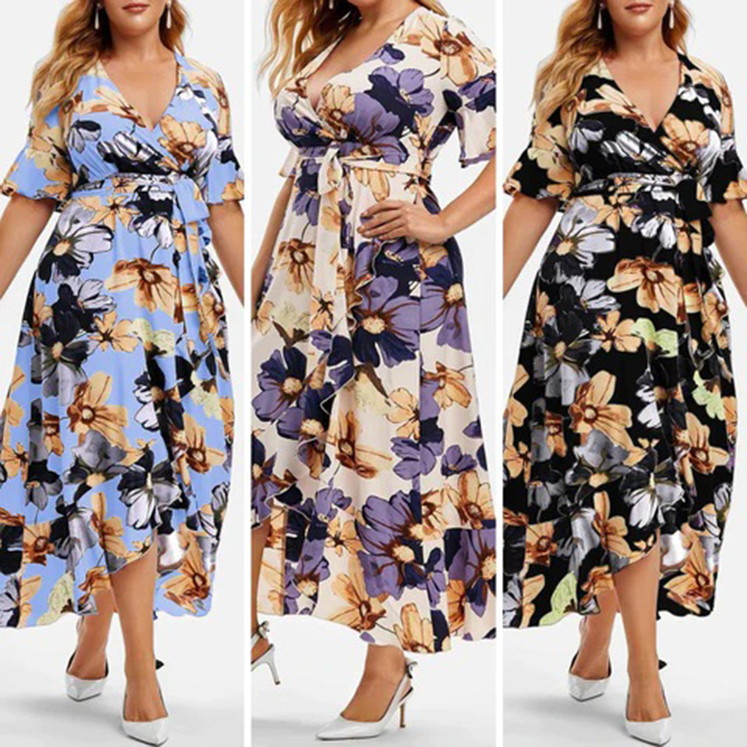 Plus Size Floral Print Wrap Flutter Sleeve Ruffled High-Low Maxi Dress