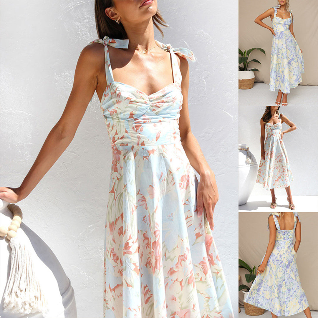 Floral Print Sweetheart Ruched Bust Tie-Shoulder A-Line Midi Dress