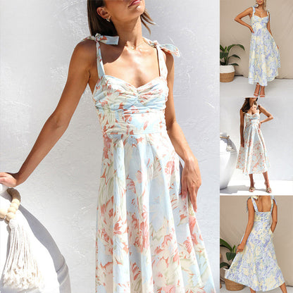 Floral Print Sweetheart Ruched Bust Tie-Shoulder A-Line Midi Dress