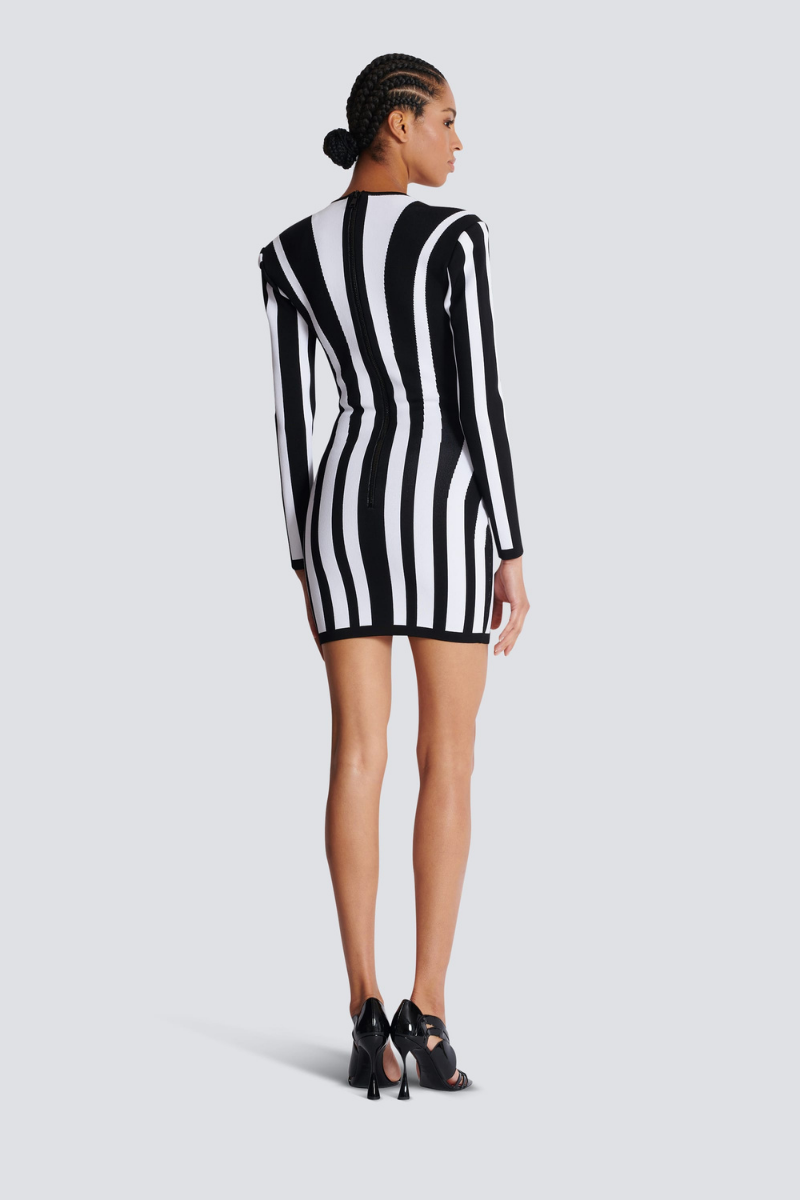 Striped Knit Conical Bust Long Sleeve Bodycon Mini Dress