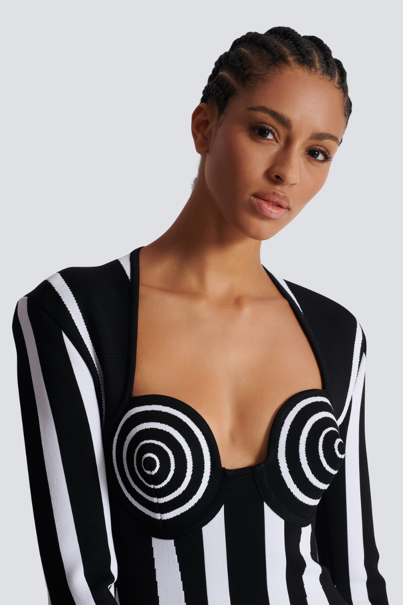 Vertical Stripe Structured Cone Cup Deep Plunge Long Sleeve Mini Dress