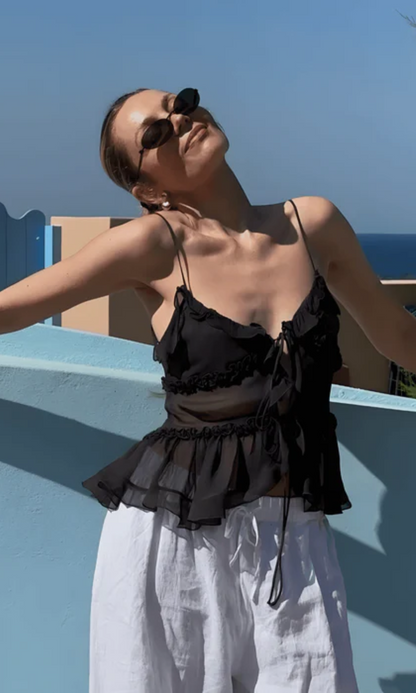 | Adjustable Tie Detail Sleeveless Ruffle Top