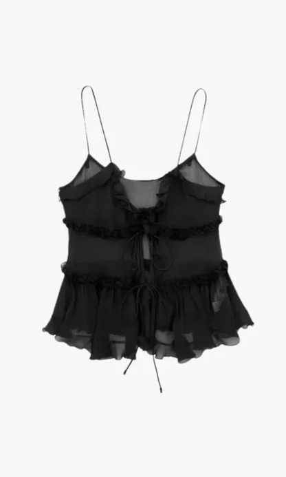 | Adjustable Tie Detail Sleeveless Ruffle Top