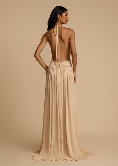 | Plunge Drape Halter Maxi Gown