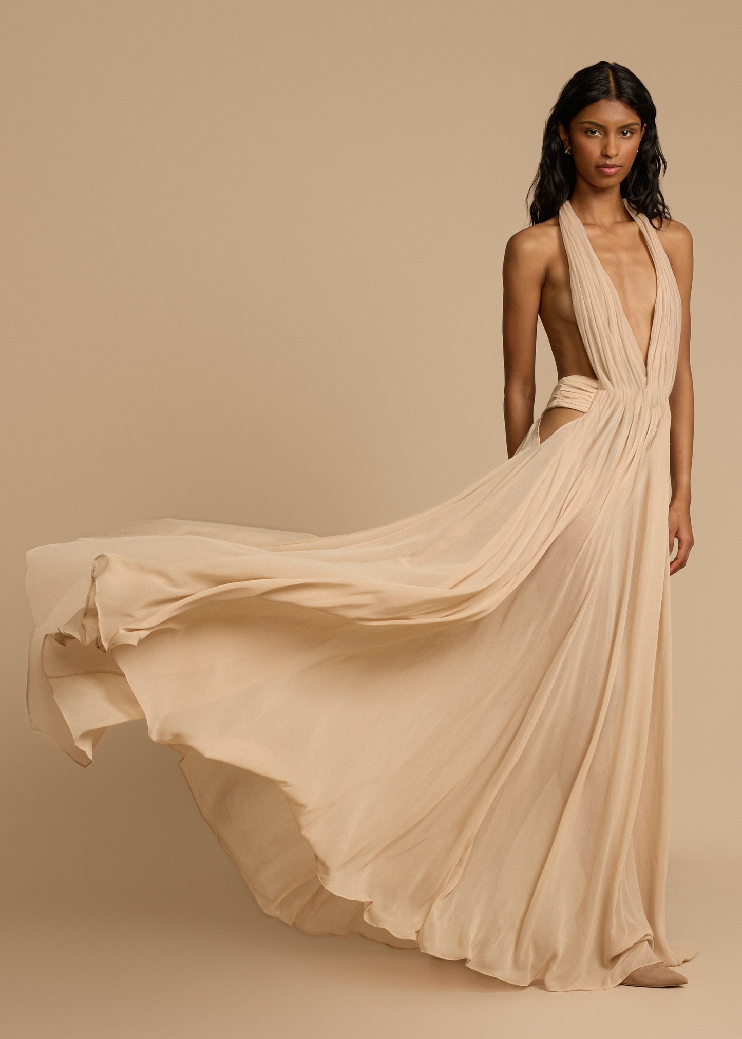 | Plunge Drape Halter Maxi Gown