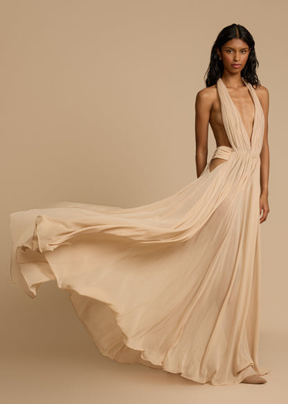 | Plunge Drape Halter Maxi Gown