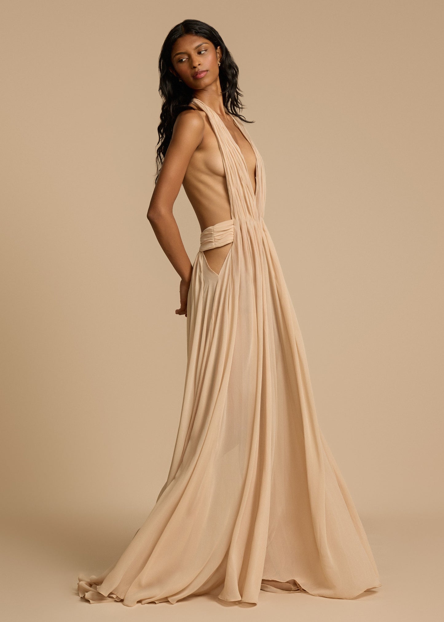 | Plunge Drape Halter Maxi Gown