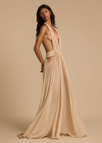 | Plunge Drape Halter Maxi Gown