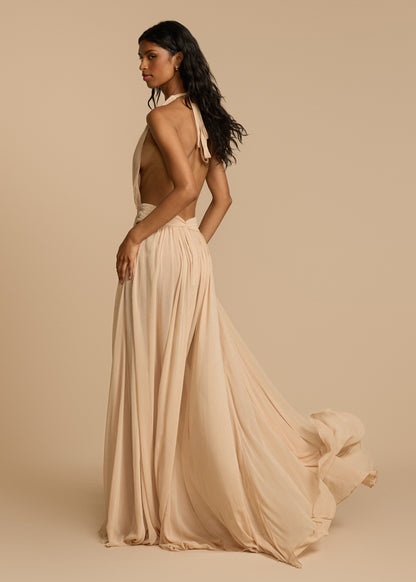 | Plunge Drape Halter Maxi Gown
