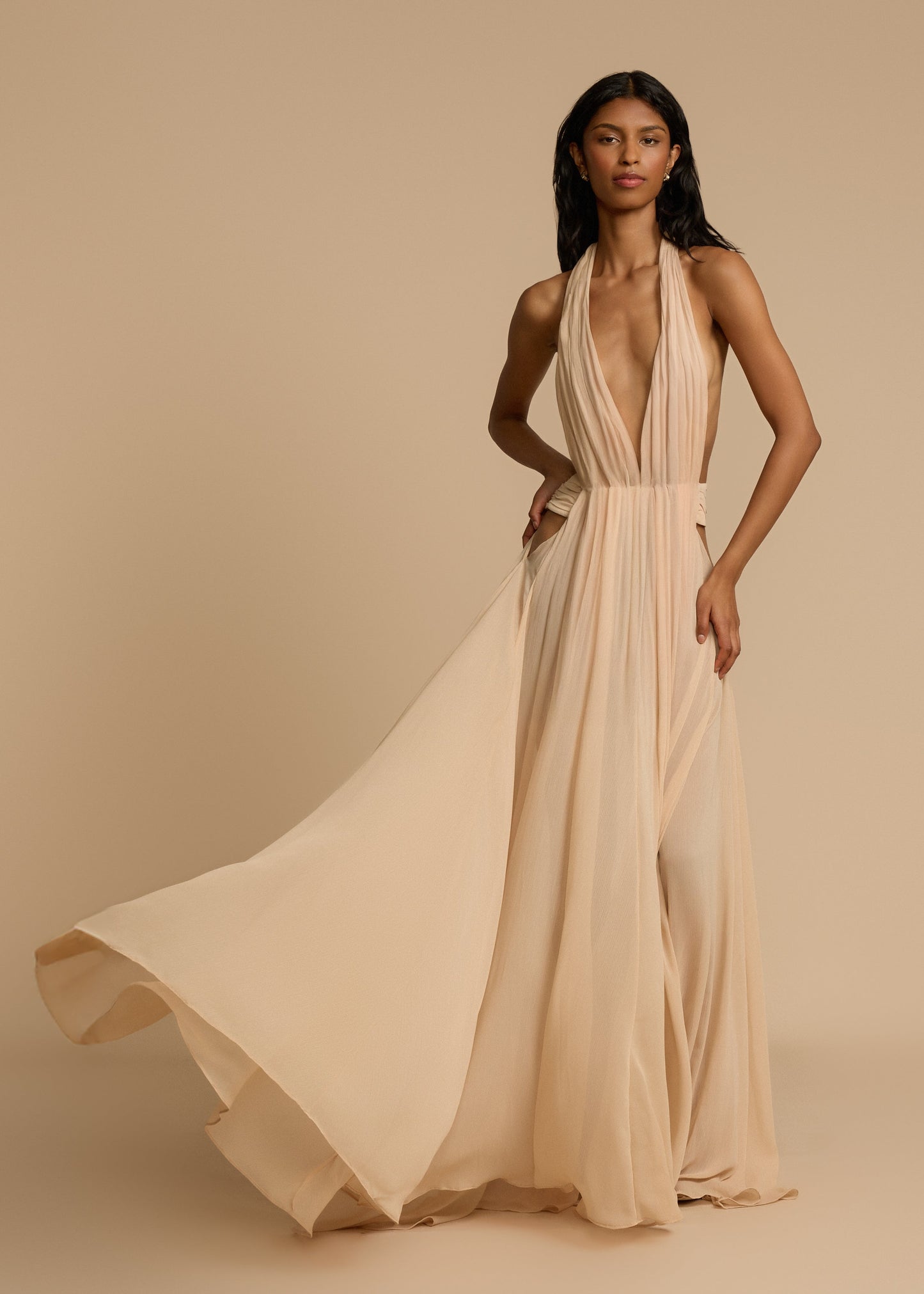 | Plunge Drape Halter Maxi Gown