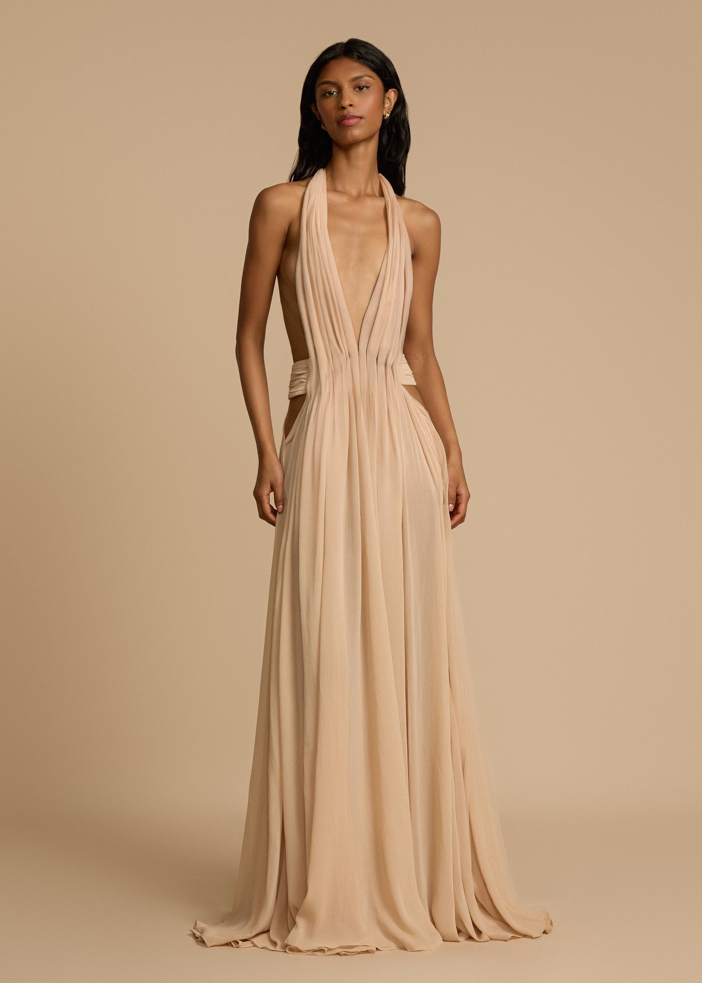 | Plunge Drape Halter Maxi Gown