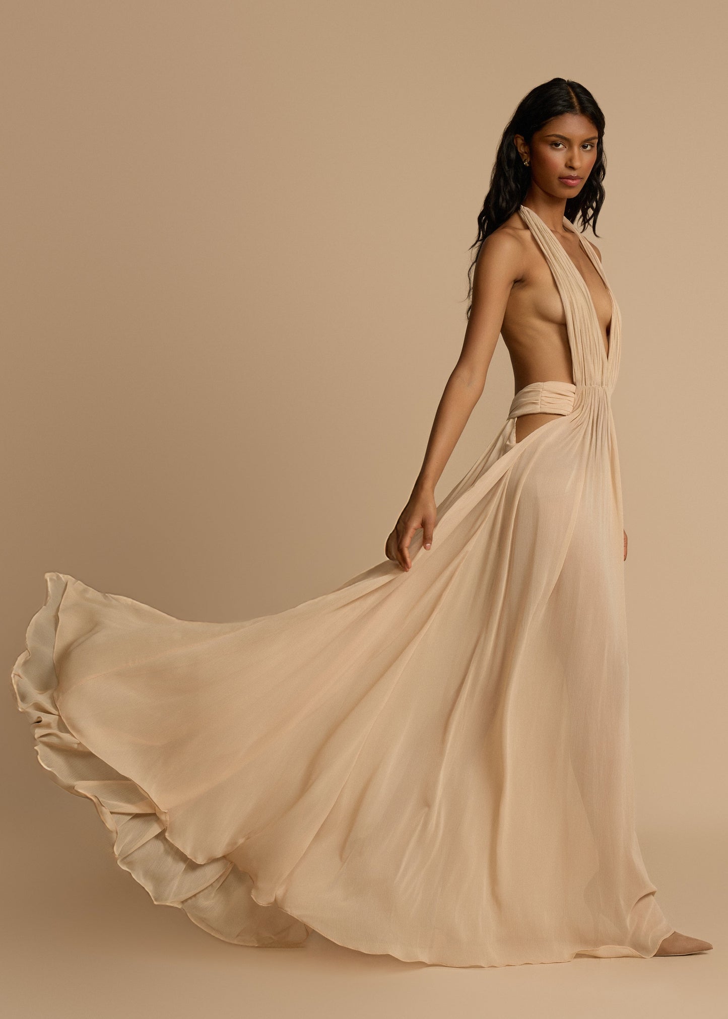 | Plunge Drape Halter Maxi Gown
