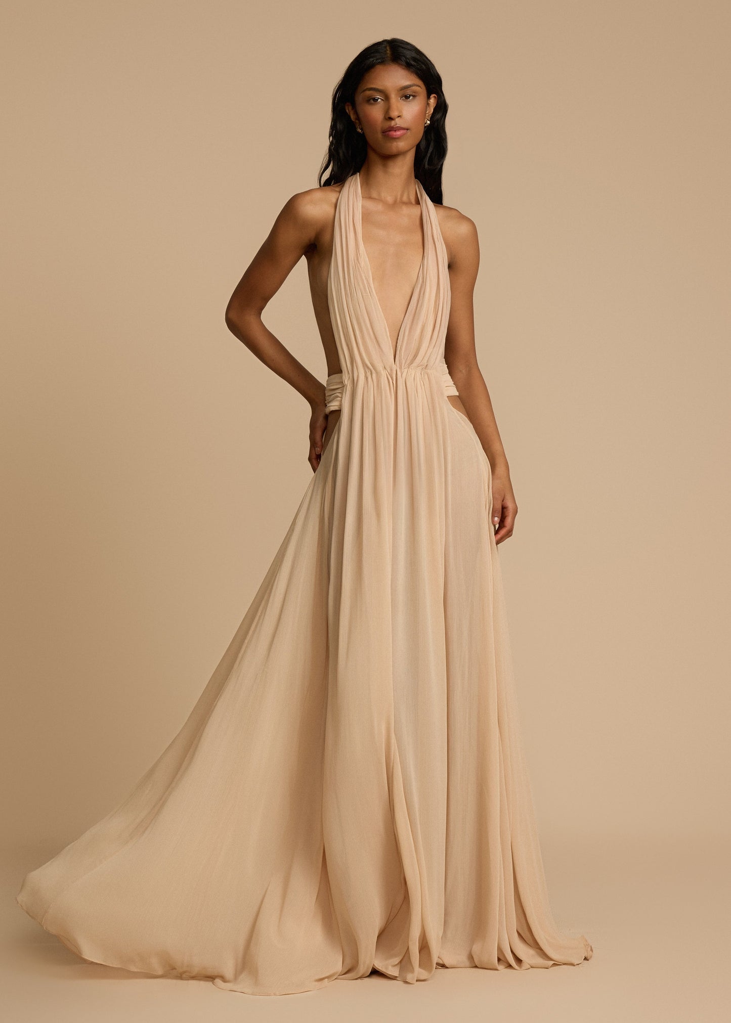| Plunge Drape Halter Maxi Gown