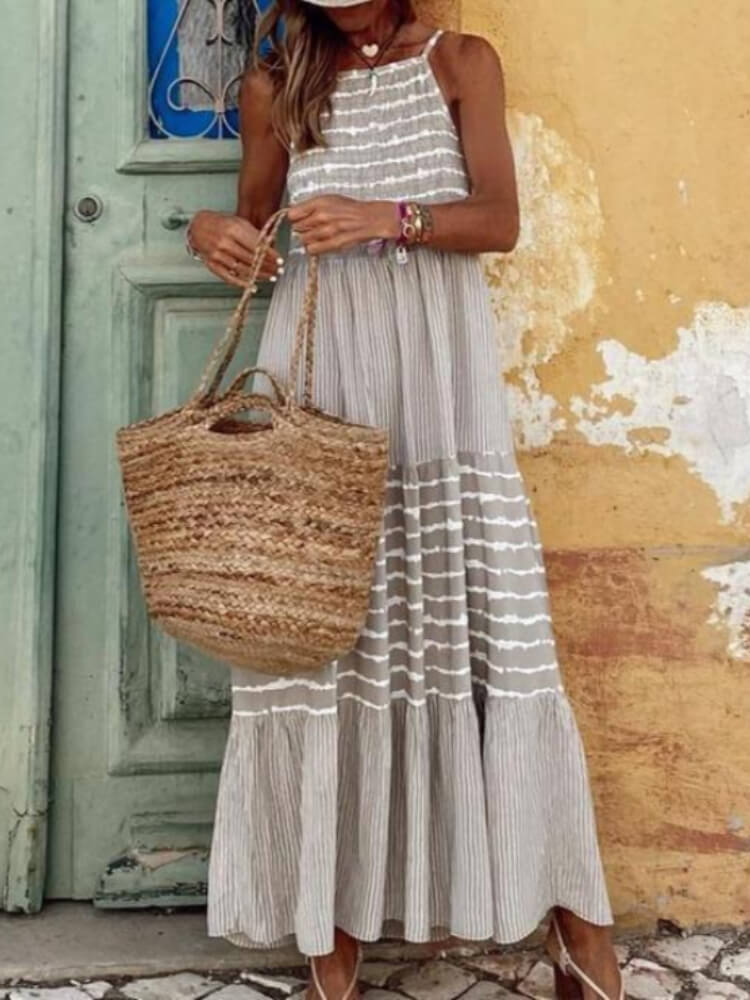 Halter Neck Smocked Bodice Mixed Stripe Tiered Maxi Dress