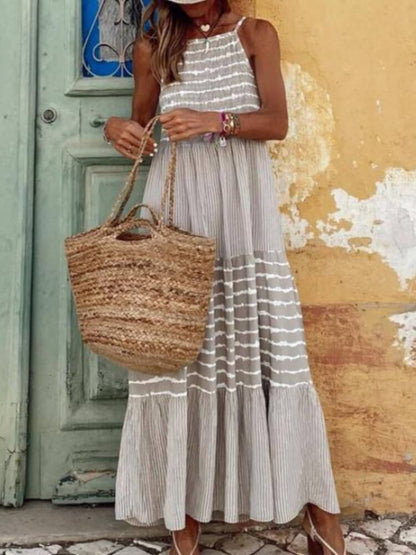 Halter Neck Smocked Bodice Mixed Stripe Tiered Maxi Dress