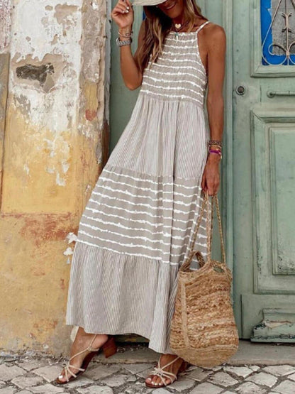 Halter Neck Smocked Bodice Mixed Stripe Tiered Maxi Dress