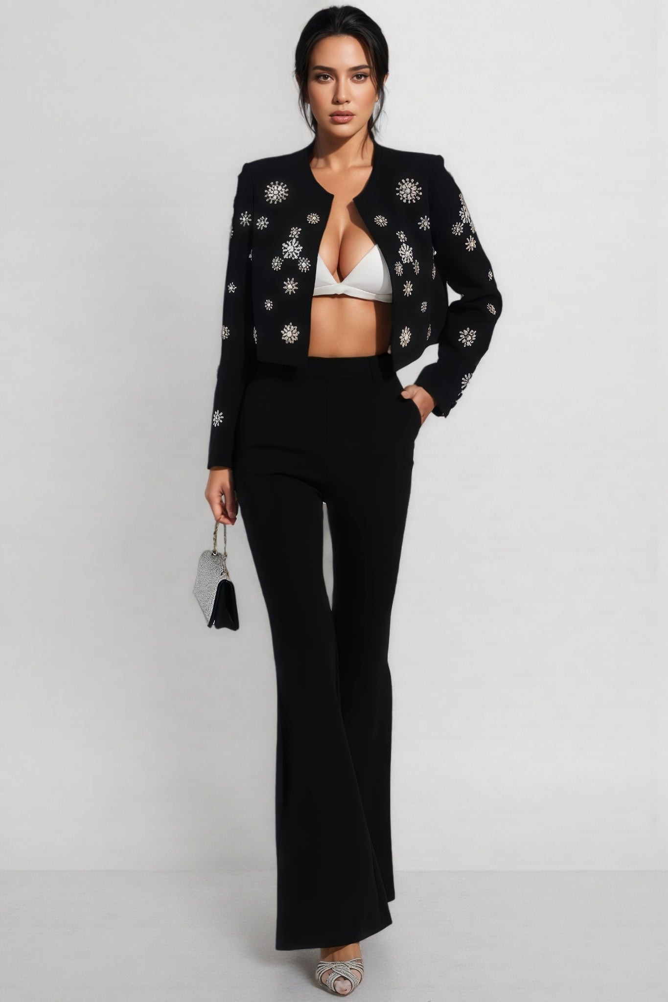 Reyna Black Crystal Pearl Blazer Set