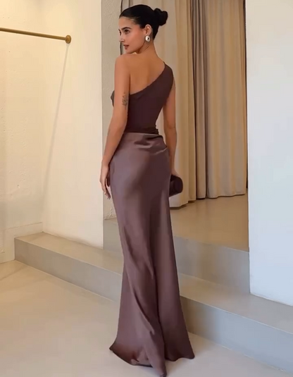 | Sculpted Drape Satin Evening Gown