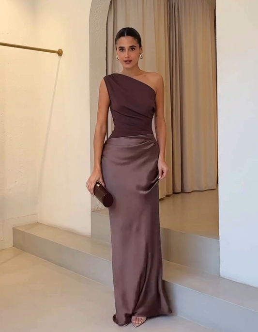 | Sculpted Drape Satin Evening Gown