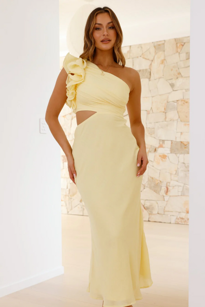 | Ruffled Shoulder One-Shoulder Midi Dress