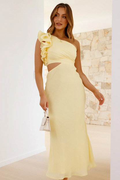 | Ruffled Shoulder One-Shoulder Midi Dress