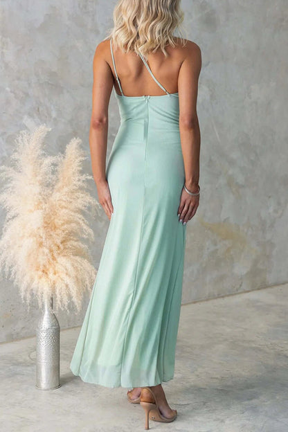 Fashion One-shoulder Pleated Sexy High Slit Slim Dress