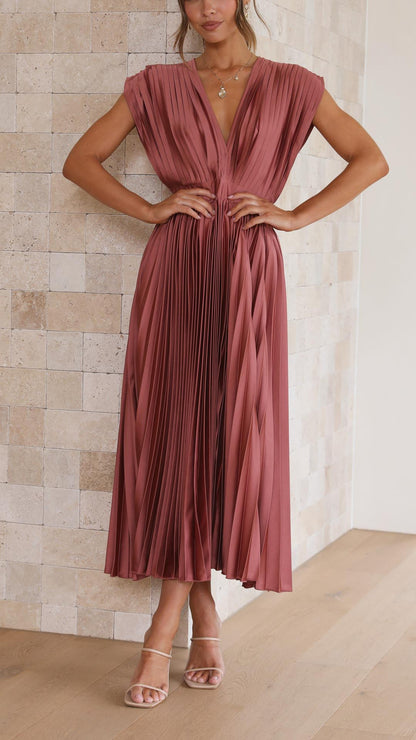 | Pleated V-neck Midi Dress