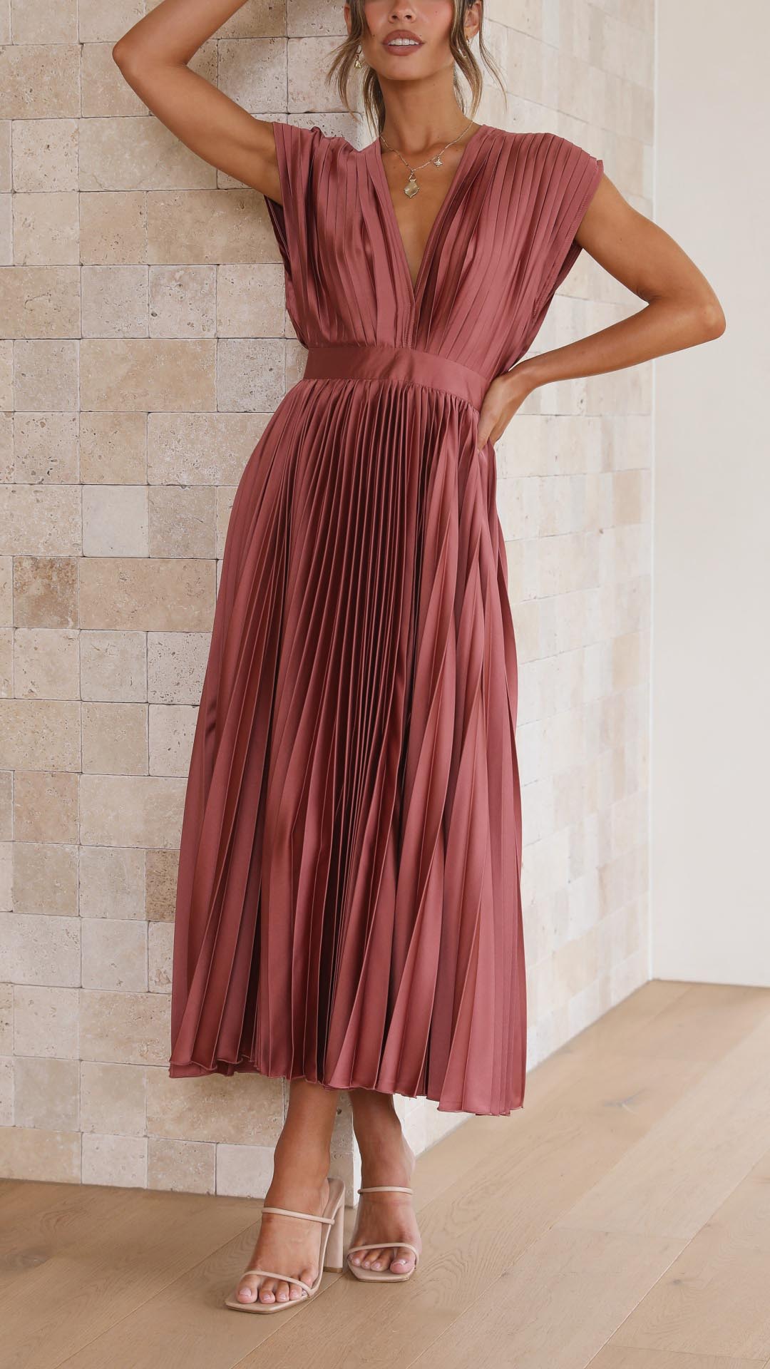 | Pleated V-neck Midi Dress