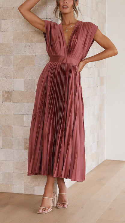 | Pleated V-neck Midi Dress