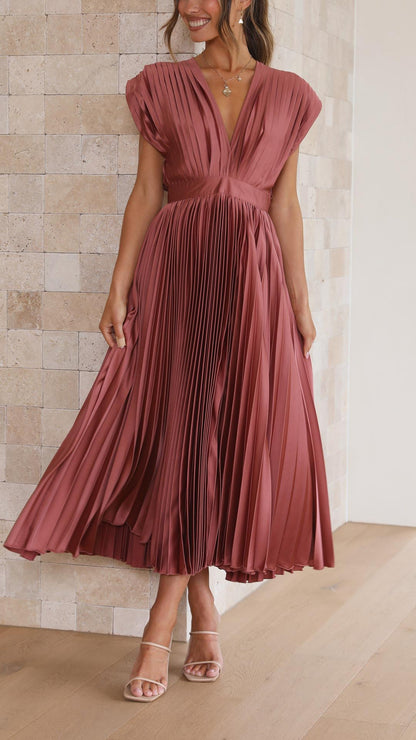 | Pleated V-neck Midi Dress