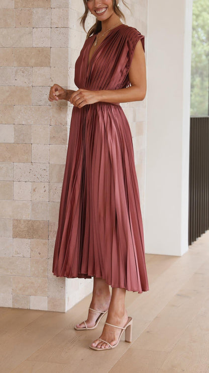 | Pleated V-neck Midi Dress