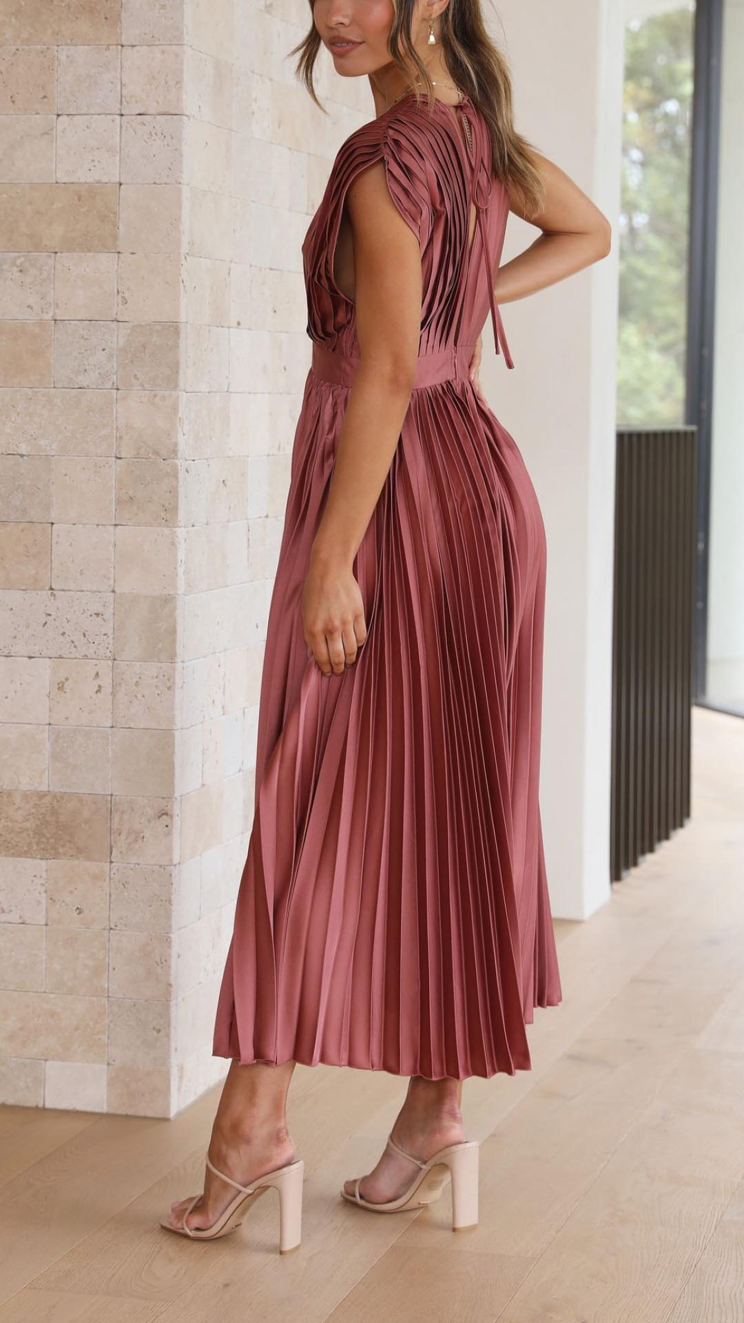| Pleated V-neck Midi Dress