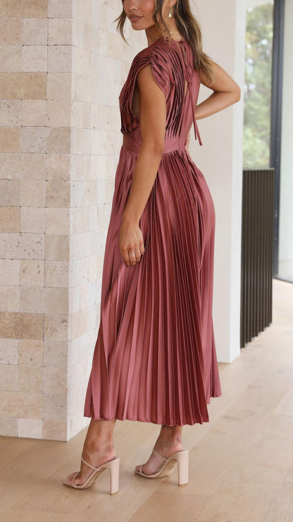 | Pleated V-neck Midi Dress