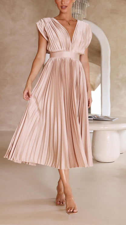 | Pleated V-neck Midi Dress