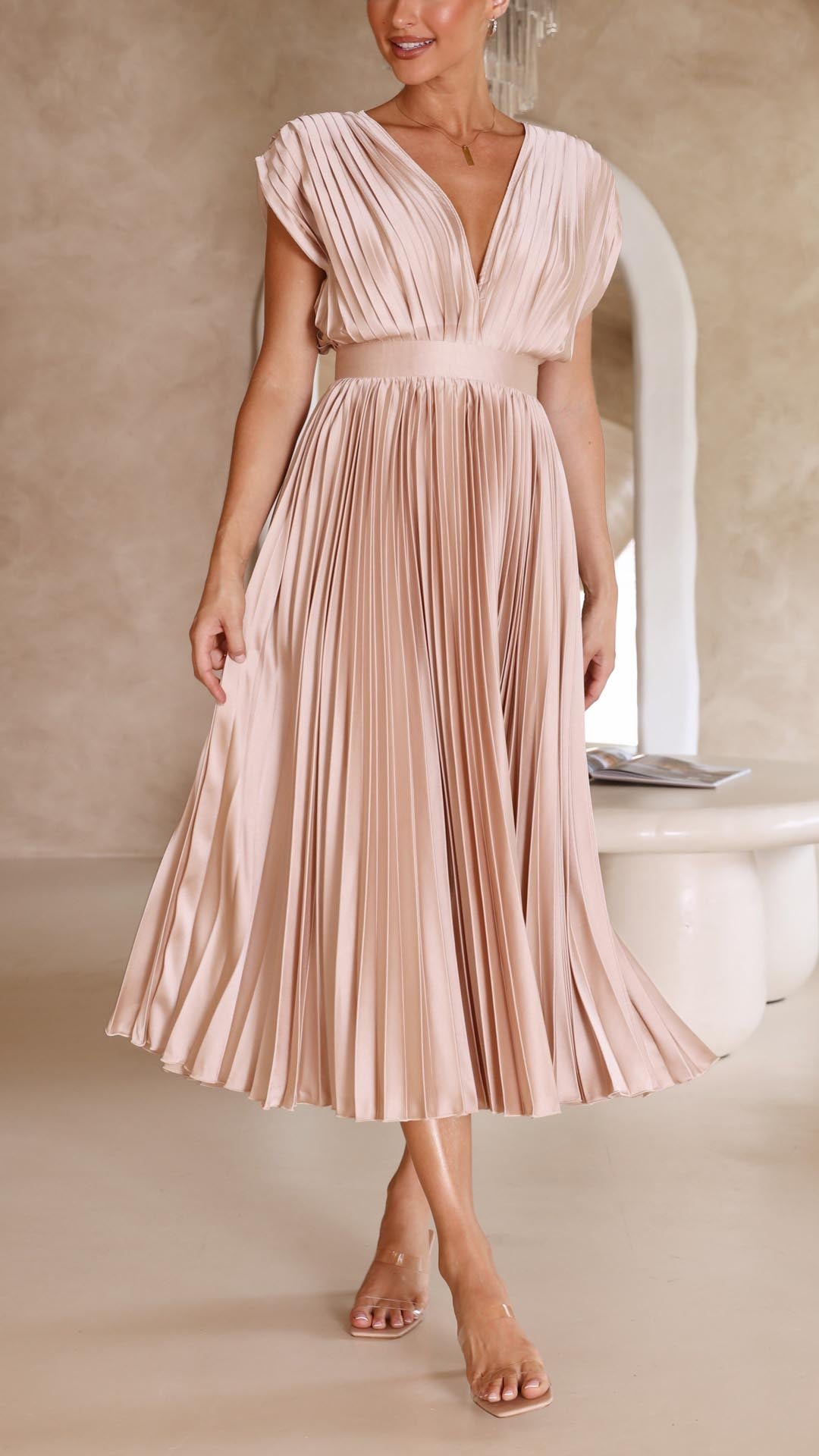 | Pleated V-neck Midi Dress