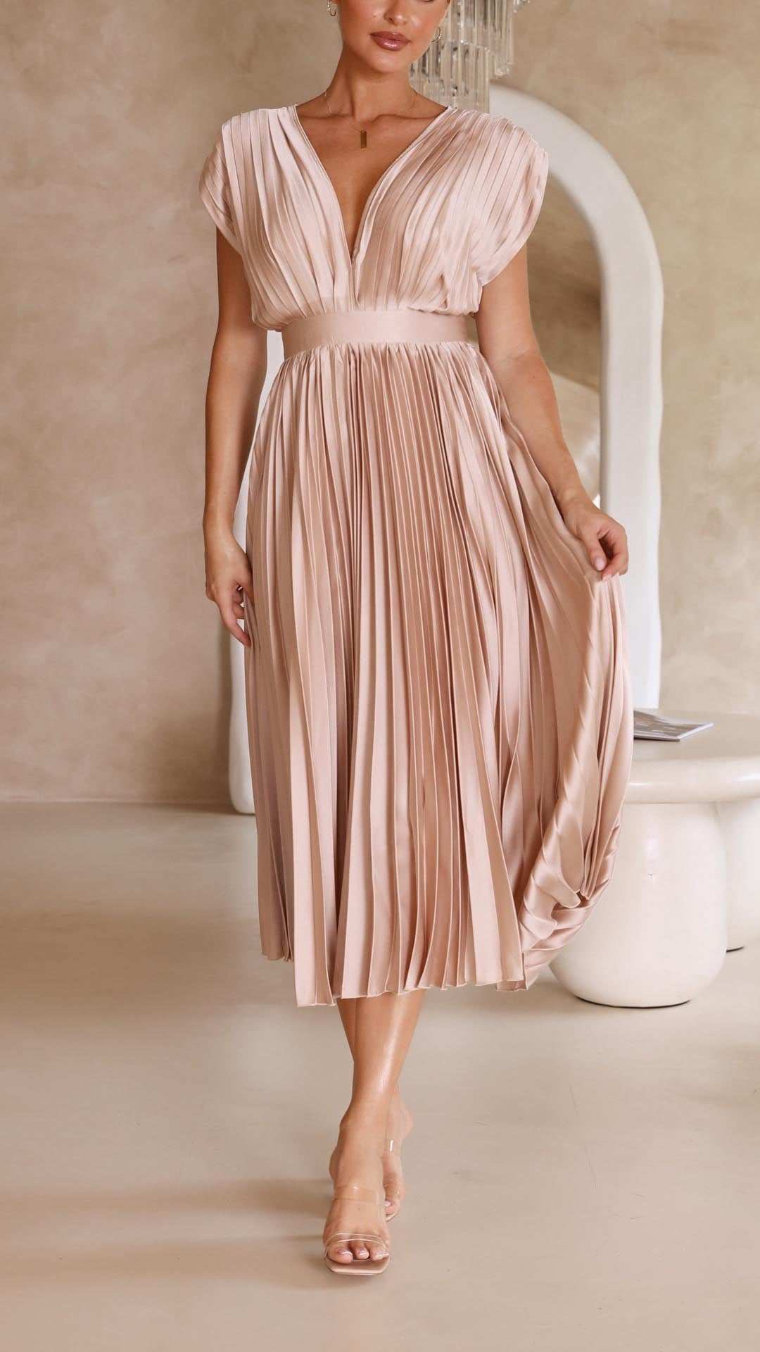 | Pleated V-neck Midi Dress