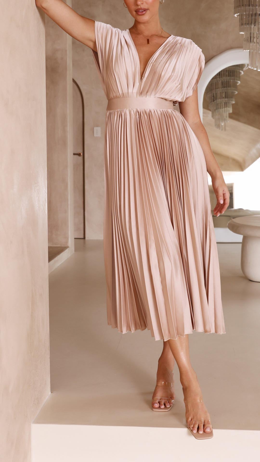 | Pleated V-neck Midi Dress