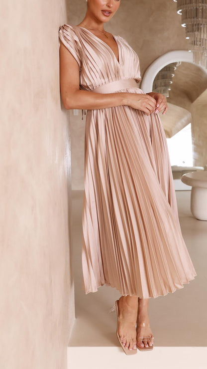 | Pleated V-neck Midi Dress