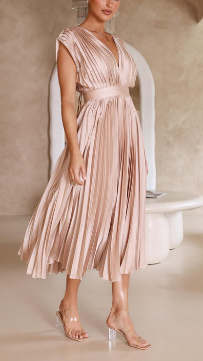 | Pleated V-neck Midi Dress