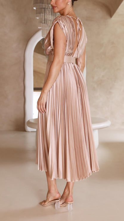 | Pleated V-neck Midi Dress