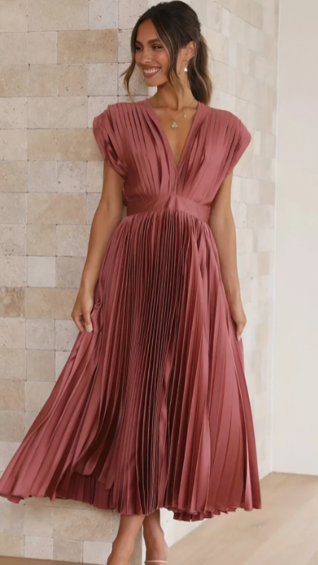 | Pleated V-neck Midi Dress