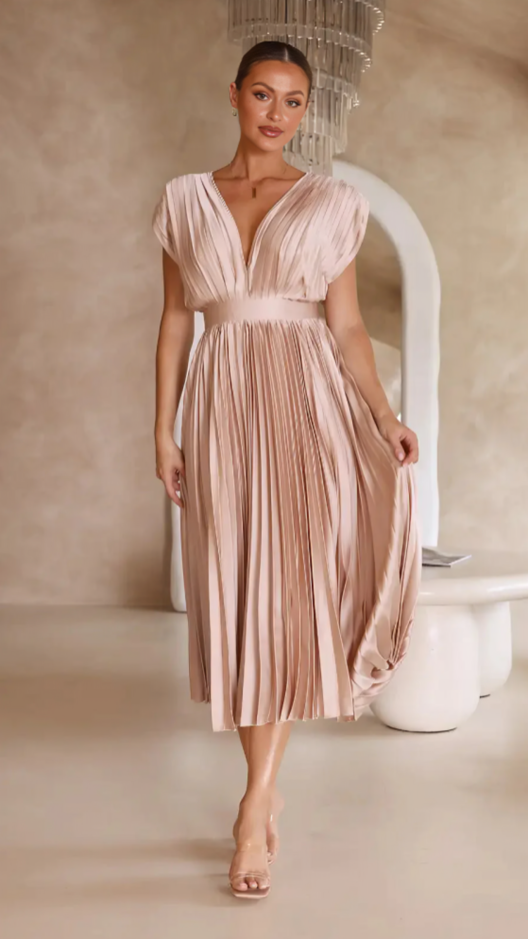 | Pleated V-neck Midi Dress