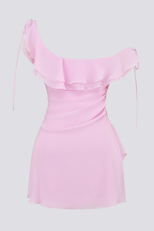 One-Shoulder Ruffle Tie Strap Ruched Layered Chiffon Mini Dress